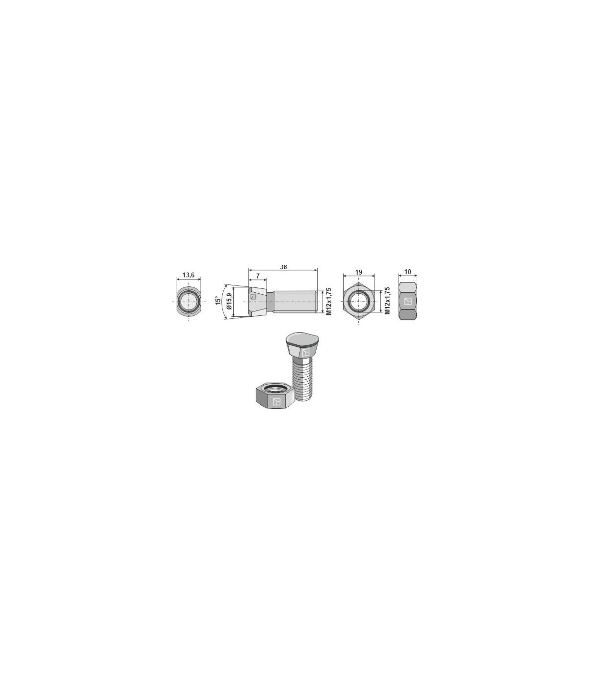 Plogbult M12x1,75x38 med mutter